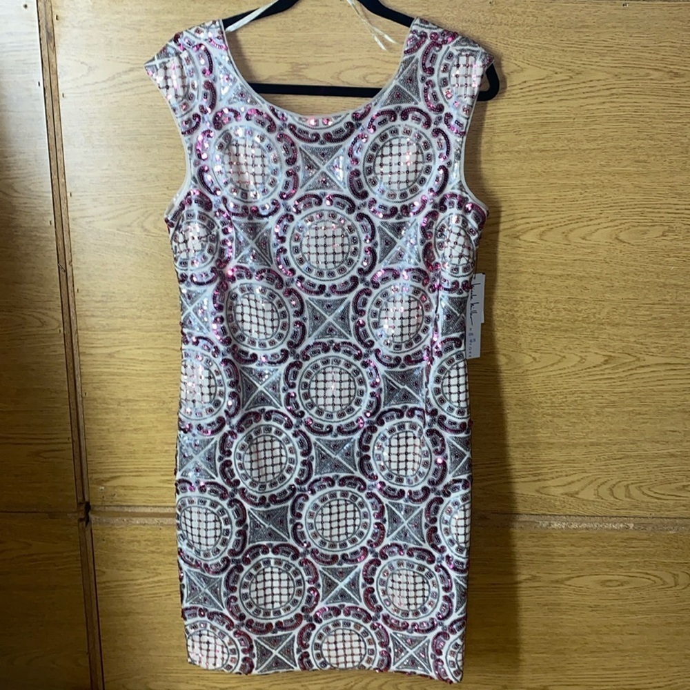 Nicole Miller art deco geometric sequin embellished evening dress Sz 12 NWT